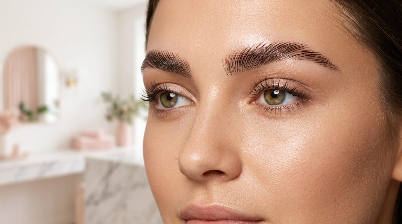 Fluffy laminated eyebrows brushed upward after a brow lamination at The Brow Clinic NY, Huntington Long Island