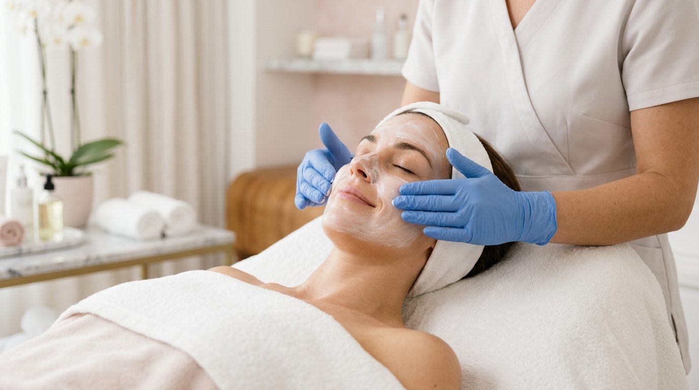 Client receiving a customized facial treatment at The Brow Clinic NY studio in Huntington Village, Long Island
