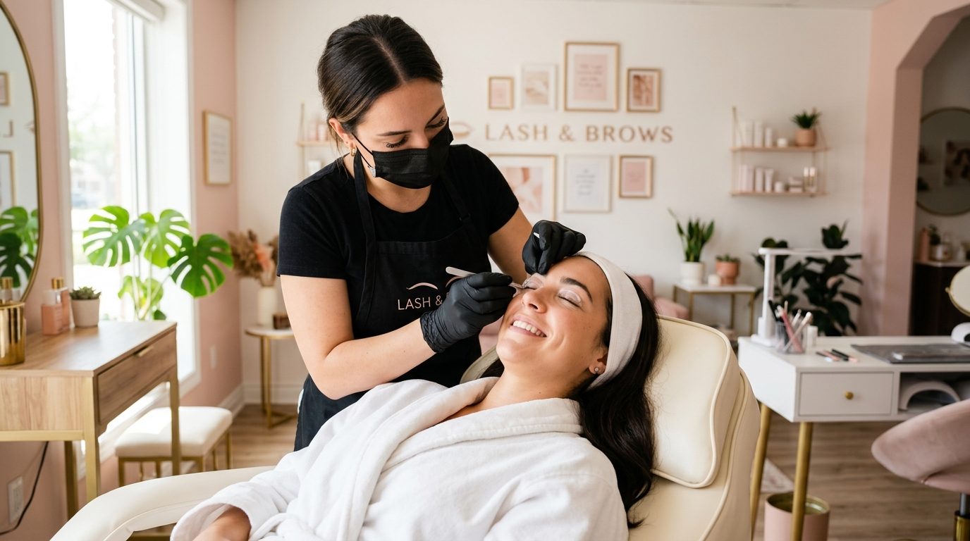 Lash artist placing a lift shield on a client at The Brow Clinic NY studio in Huntington Village