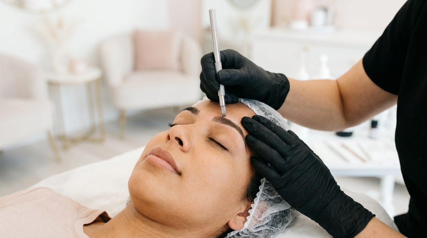 Microblading hair strokes being applied to a client's eyebrow at The Brow Clinic NY in Huntington, Long Island
