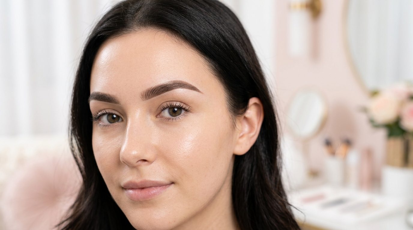 Healed ombre powder brows with a soft shaded gradient on a client at The Brow Clinic NY in Huntington, Long Island